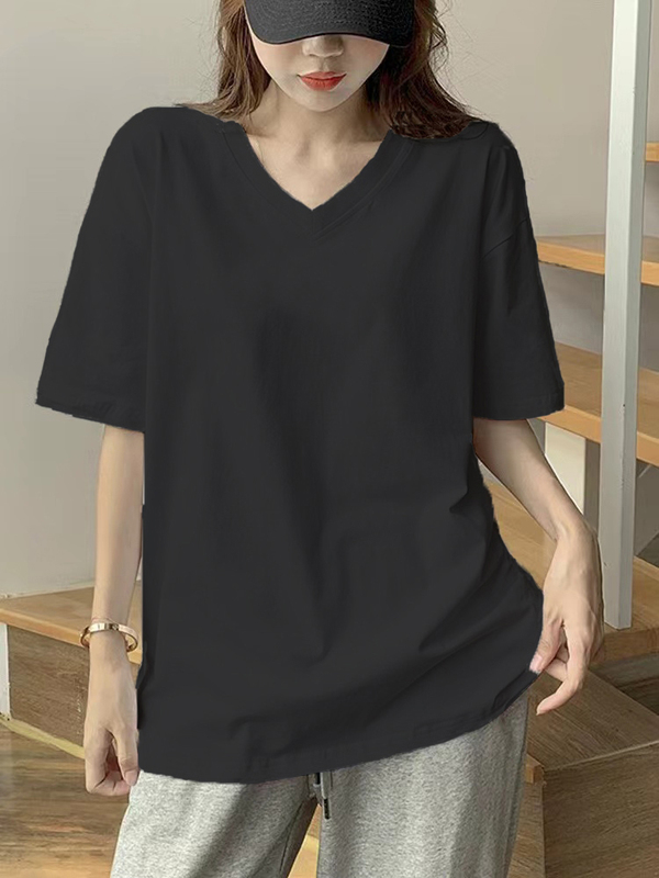 Black T-Shirt for Women, Short-Sleeved, Pure Cotton, V-Neck, Loose, Simple, Plus Size, for Chubby Girls, 1.0-150kg Base Shirt Top