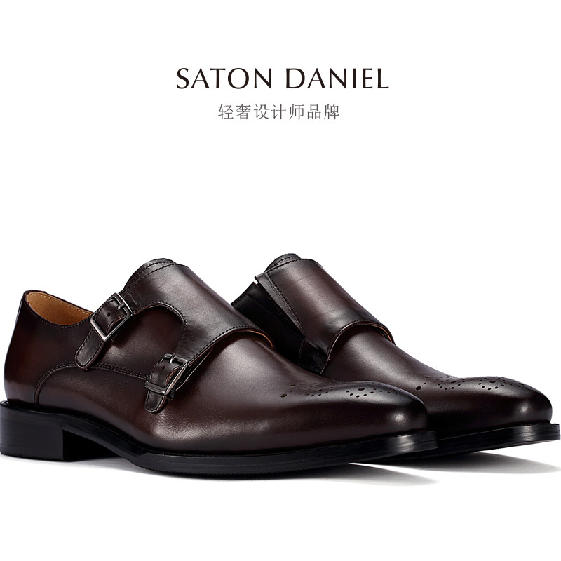 【High-End Leather Series】Invisible Height-Increasing Genuine Leather Monk Shoes with Buckle, Men's Shoes, Size 37, 6cm Height Increase
