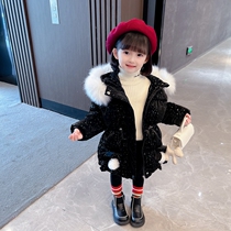 Girls coat autumn and winter style foreign style plus velvet thickening little girl winter clothes padded jacket girl baby medium and long Korean style cotton padded clothes