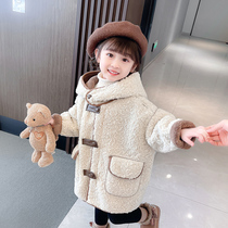Girls coat autumn and winter style foreign style medium and long section little girl plus fluffy sweater winter girl baby fashion trendy childrens clothing