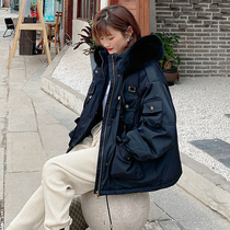 2022 new Korean version Winter great fur collar down jacket Womens short section Korean version thickened loose big code overalls to overcome