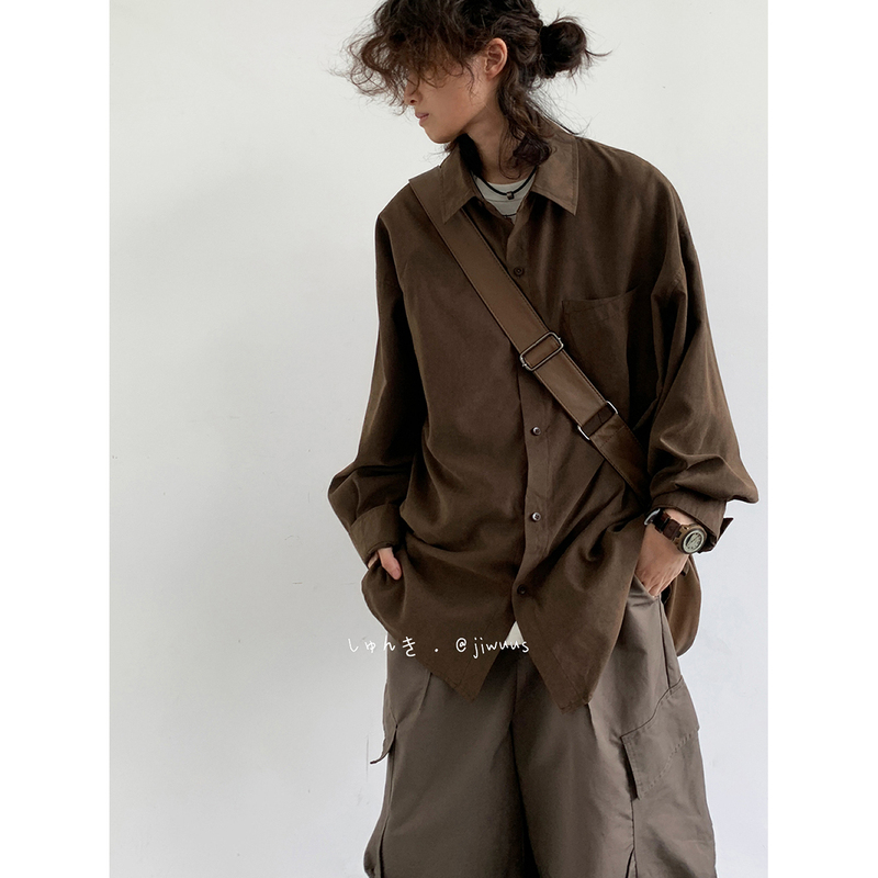 Jiwuus Autumn Vintage Basic Suede Work Shirt Unisex Oversized Casual Shirt Jacket