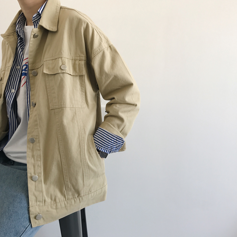 JIWU một số điều Hàn Quốc Dongdaemun ulzzang Harajuku phong cách ve áo lỏng phần mỏng denim jacket coat nam giới và phụ nữ