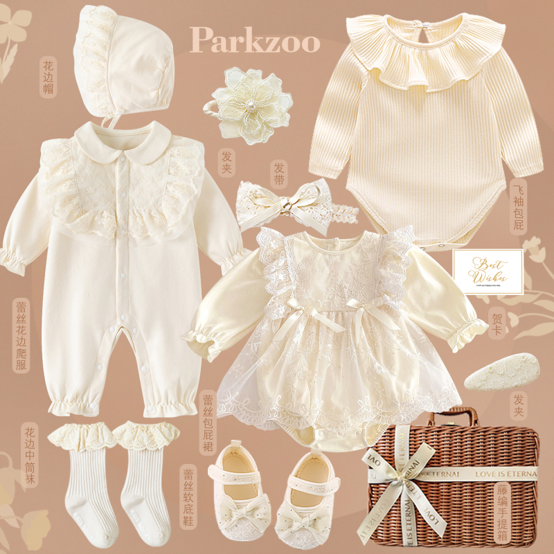 Parkzoo Spring & Fall Pure Cotton Baby Girl Clothes Little Princess Suit Full Moon 100Th Birthday Gift Baby Gift Box