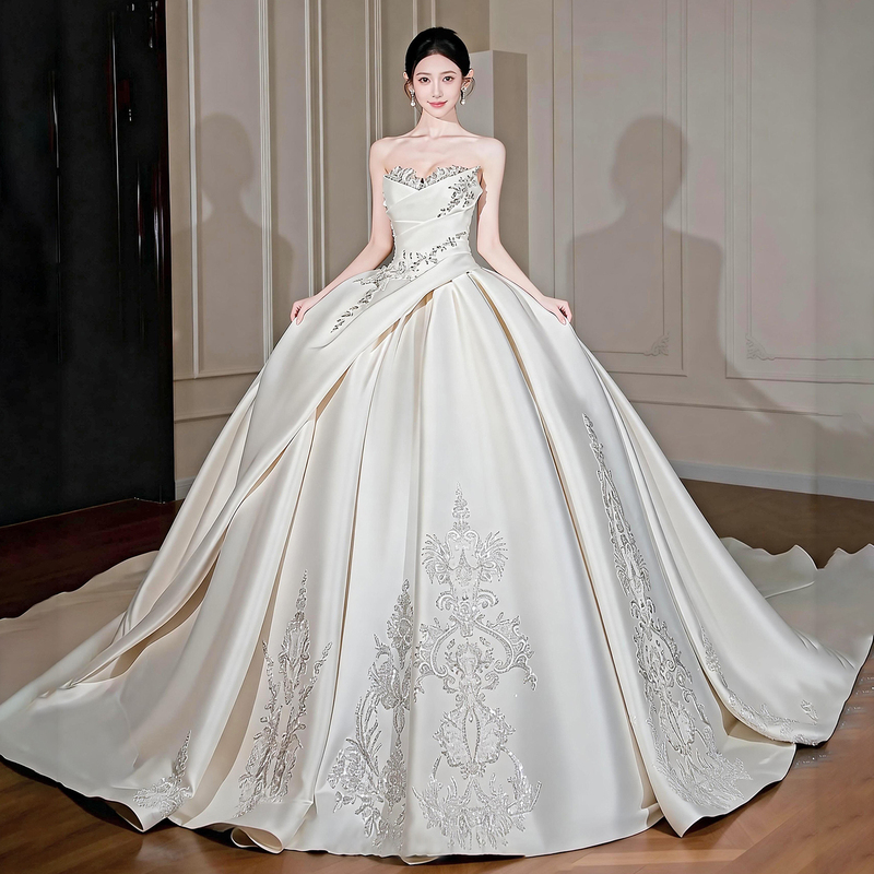 Strapless Satin Wedding Dress 2026 New Style White Bridal Train High-End Texture Main Fabric Floor-Length Maternity Summer Strapless Satin Wedding Dress 2026 New Style White Bridal Train High-End Texture Main Fabric Floor-Length Maternity Summer