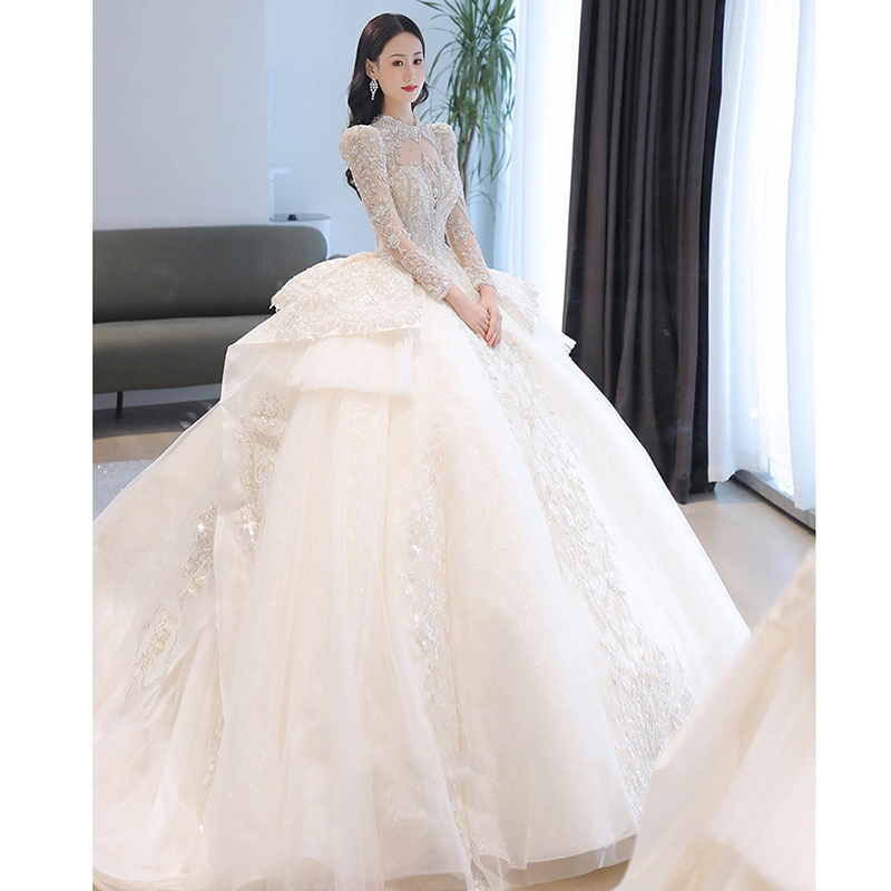 Wedding 2024 Bride's New Mainly Wedding Long Sleeve Heavy Industry One Shoulder Palace Wedding Wedding Dragon Tail Wedding 2024 Bride's New Mainly Wedding Long Sleeve Heavy Industry One Shoulder Palace Wedding Wedding Dragon Tail