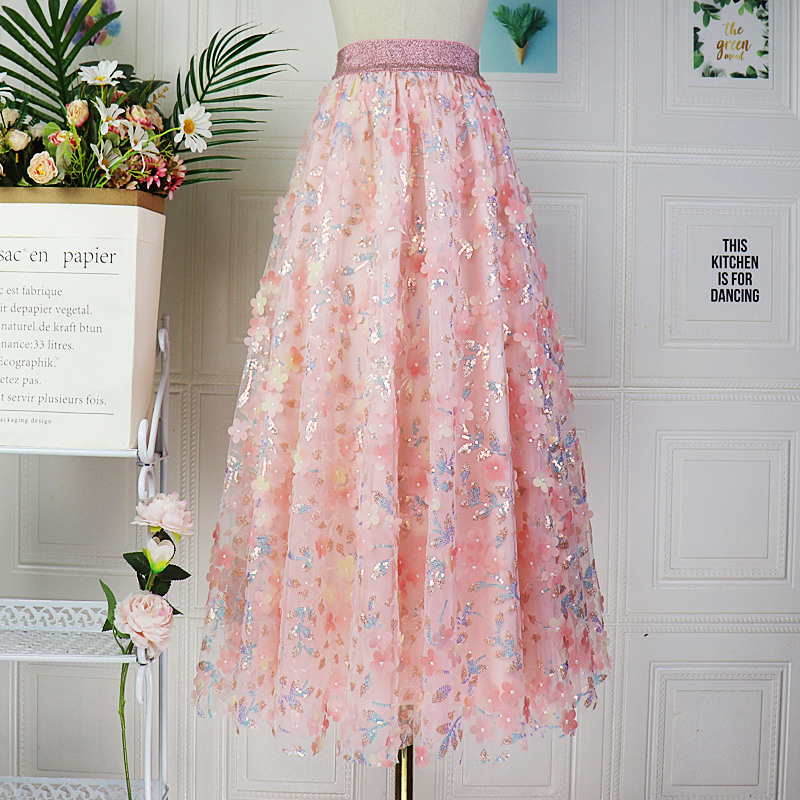 Fashionable Sparkling Sequin Stereo Embroidered Floral Mesh Skirt 2025 Spring and Summer High-Waisted Mid-Length Skirt Super Fairy Skirt