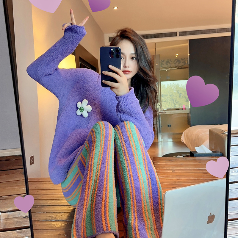 Half-Velvet Pajamas for Women, Autumn and Winter Coral Velvet Sweet Home Clothes, Spring and Autumn Pure Cotton Flannel Suit, Can Be Worn Outside, New Style