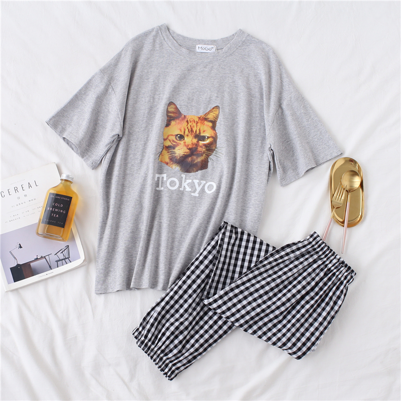 Orange cat cotton các cặp vợ chồng đồ ngủ mùa xuân và mùa hè phim hoạt hình phù hợp với nam giới và phụ nữ mô hình quần ngắn tay dịch vụ nhà phần mỏng đồ mặc nhà cao cấp