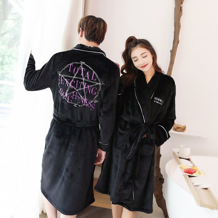 Wuxingxing vài chiếc áo ngủ mùa thu và mùa đông áo choàng lông cừu san hô cộng với chữ dài flannel nam và nữ đồ ngủ dày pijama nam