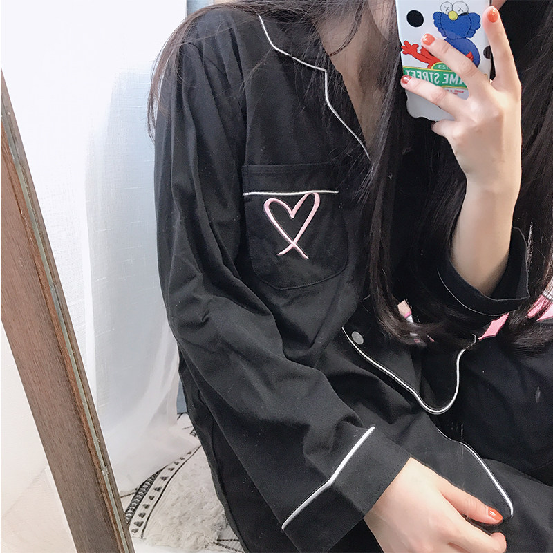 Autumn and winter black pajamas women's simple lazy wind cold wind ins fresh daily miscellaneous wind can be worn outside embroidered pure cotton