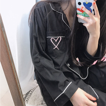 Autumn and winter black pajamas womens simple lazy wind cold wind ins fresh daily miscellaneous wind can be worn outside embroidered pure cotton