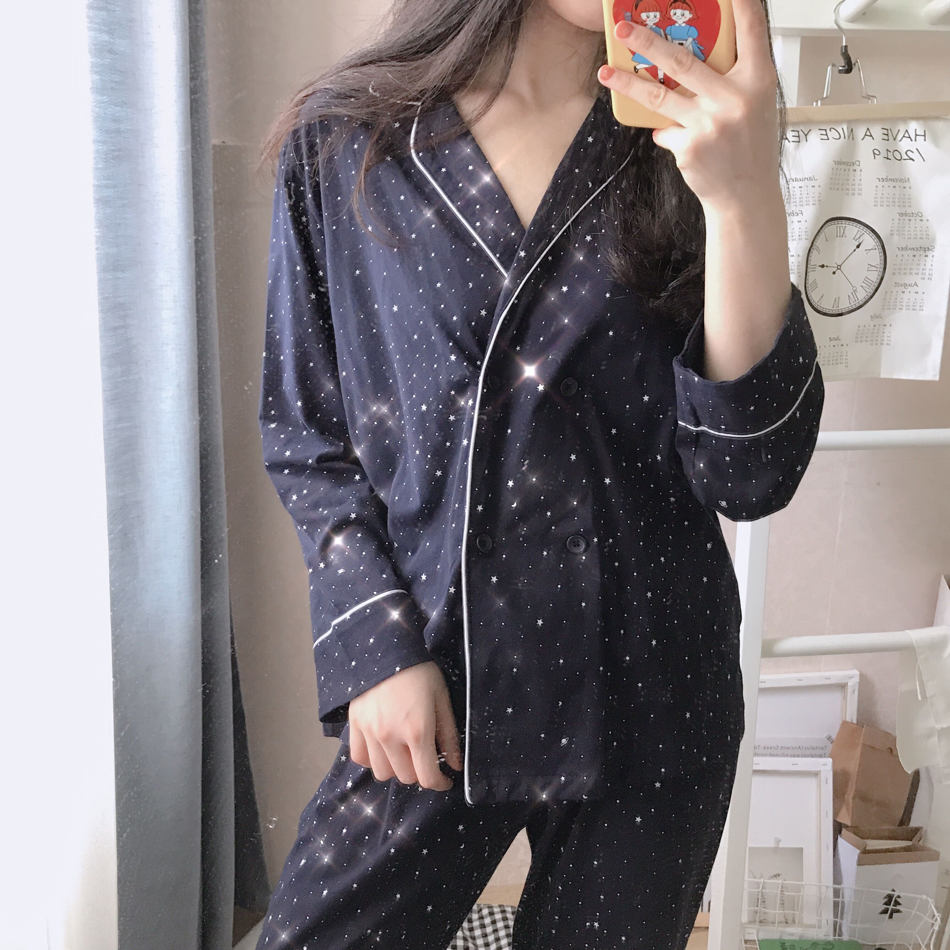 ins long-sleeved pajamas women's pure cotton vibrato net red the same autumn and winter starry sky home service Korean Japanese retro