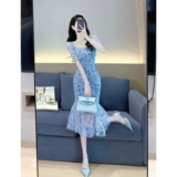 Длинное платье, французский стиль, премиум класс, яркий броский стиль, средней длины, рыбий хвост