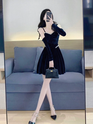 Черное весеннее платье, ретро юбка, коллекция 2023, городской стиль, французский ретро стиль, А-силуэт