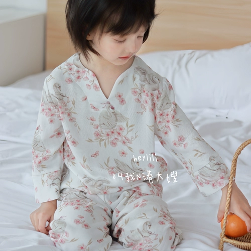 Детская летняя тонкая пижама, марлевый детский лонгслив, штаны, комплект подходит для мужчин и женщин