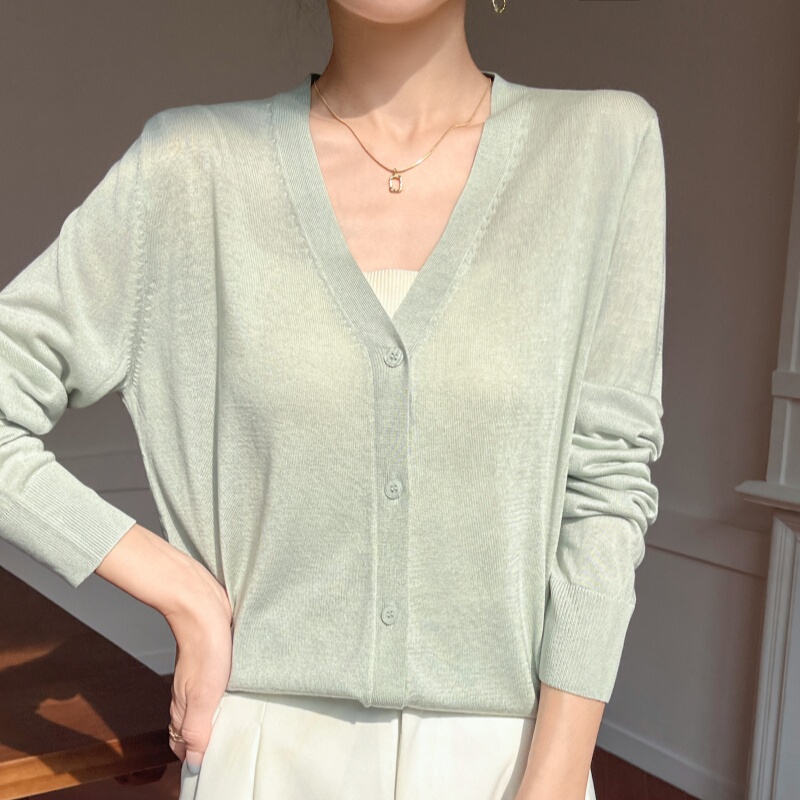 European New Arrivals 100% Tencel V-Neck Cool Knit Cardigan for Women, Loose Casual Versatile Slightly Sheer Summer Sun Protection Jacket