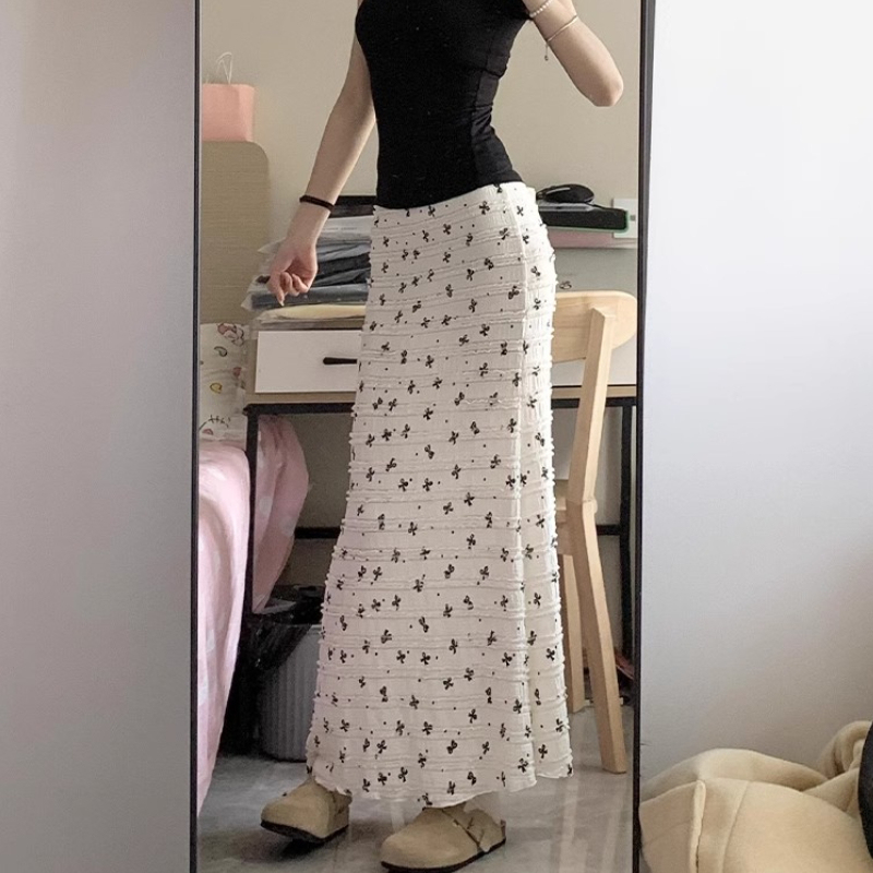 White Floral Fishtail Skirt for Women 2026 Spring Bow High-Waisted Petite Bodycon Long Skirt for Women