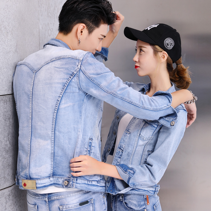 Autumn and Winter Korean Style Men's Denim Couple Outfit Slim Casual Wear Women's Denim Jacket and Pants Two-Piece Set Trendy