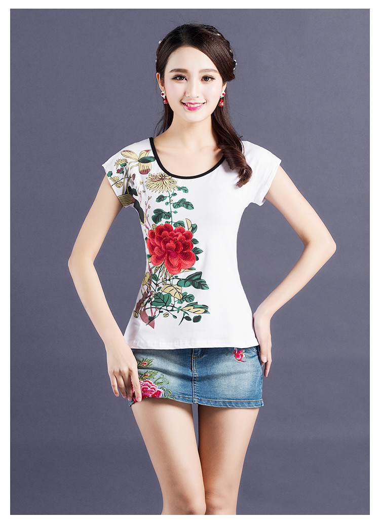 Áo khoác nữ phong cách Trung Quốc Mùa hè phong cách mới quốc gia áo thun ngắn tay nữ thêu hoa Slim áo sơ mi nữ size lớn áo thun nữ tay dài