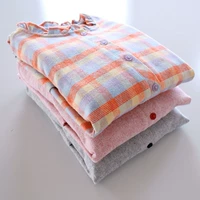 Cotton len lông cừu đồ ngủ nữ cotton dài tay quần nhà dịch vụ phù hợp với mùa thu và mùa đông Nhật Bản lưới đơn giản bộ đồ mặc nhà