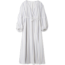 SNIDELHOME spring and summer sweet solid color striped V-neck lace-up cotton dress SHFO231043