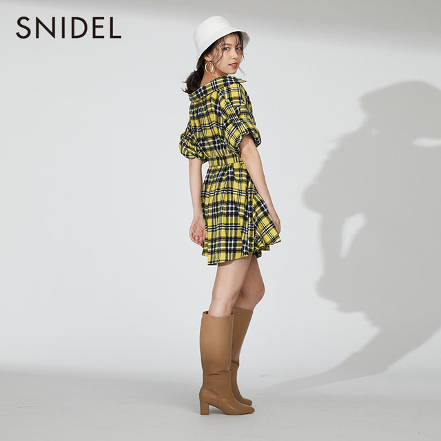 SNIDEL autumn and winter fashionable solid color plaid V-neck puff sleeve cotton dress SWFO224080