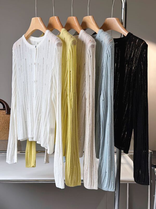 【Laura Memory Tencel Linen Cardigan】Spring and Summer Knit Cardigan with Hollow-Out Design, Round Neck, Long-Sleeve Knitwear