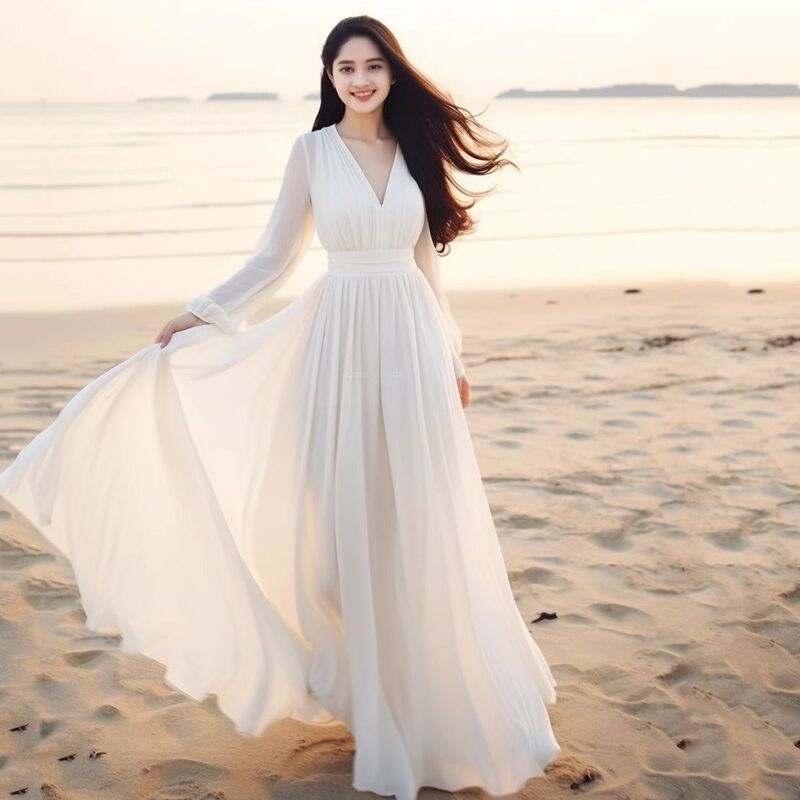 2025 New Beach Dress White Chiffon Dress Spring and Summer Wear Sanya Seaside Vacation Flowing Long Skirt with Large Hem