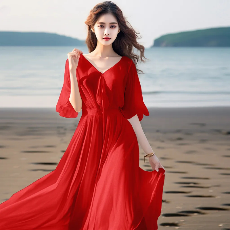 2025 New Summer Bohemian Long Dress Fairy-Like Plus Size Slimming Chiffon Dress Seaside Vacation Beach Dress 2025 New Summer Bohemian Long Dress Fairy-Like Plus Size Slimming Chiffon Dress Seaside Vacation Beach Dress