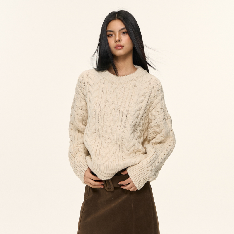 Nova Basics Retro Lazy Style White Sweater for Women, Autumn 2025 New Loose Knitted Cable Knit Top