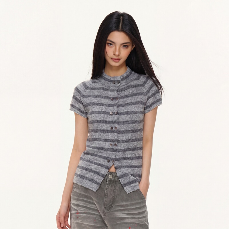 Nova Basics Wool Striped Hollow-Out Knit Cardigan Double-Row Shell Alpaca Wool Knit Top