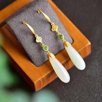 Ancient Law 925 pure silver gilded inlaid and field jade cylindrical white plus green earrings with long drop earrings earrings