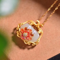 Ancient method silver inlaid and field jade enamel flower fit multiple treasure pendant womens gift natural Ruyi lock bone chain necklace