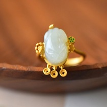 Qin Xin Yufang ancient method silver inlaid with natural and field jade Three money Ring Female gold plated gold plated jade ring