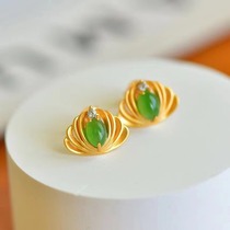 Silver gilded inlaid and field jade Bite jade horse eye crown silver needle earrings earrings earrings small minimalist Temperament Earrings