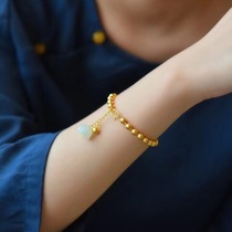 Ancient method pure silver gold plated inlaid and field Yulian fluffy bracelet womens natural white jade golden bean bean round pearl handstring bracelet