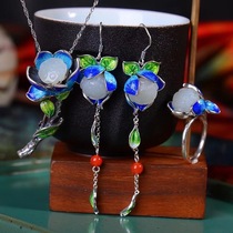 Ancient wind 925 old silver inlay and field jade enamel lotus pearl Three-suit pendant earrings earring earrings brooch