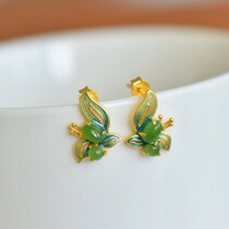 Enamel color ancient method silver 925 gold plated inlaid and field jade earrings Beyu fashion butterfly ear nail with certificate package Shunfeng
