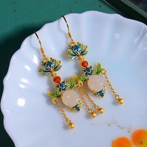 Ancient method silver inlaid and field jade green button enamel pendant retro long style stream Su earrings with face and thin earring earrings