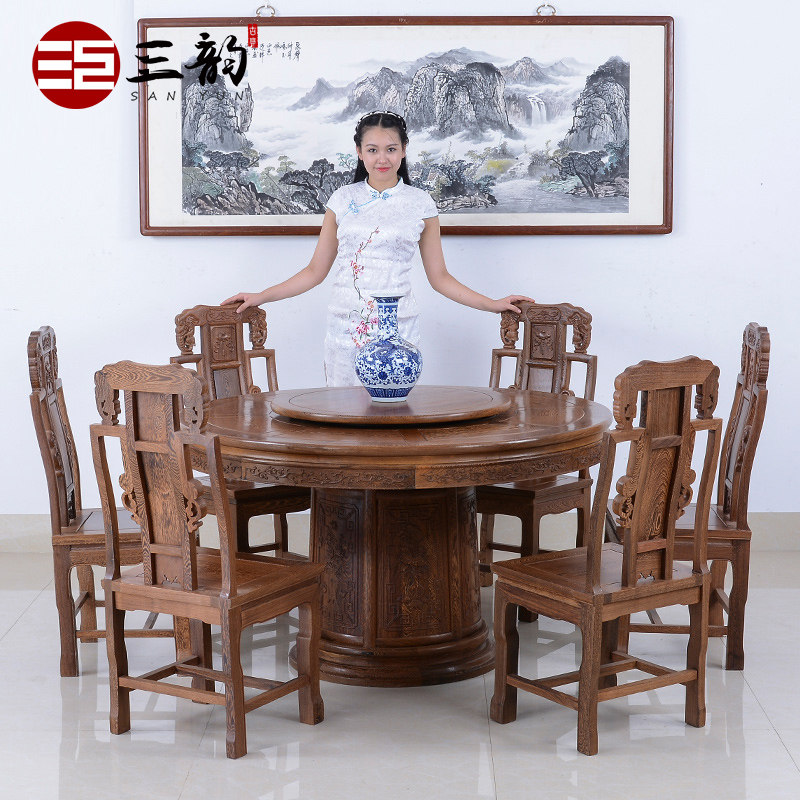 Mahogany furniture Wenge dining table and chair combination Chinese antique Ming and Qing dining table Solid wood dining table Round dining table