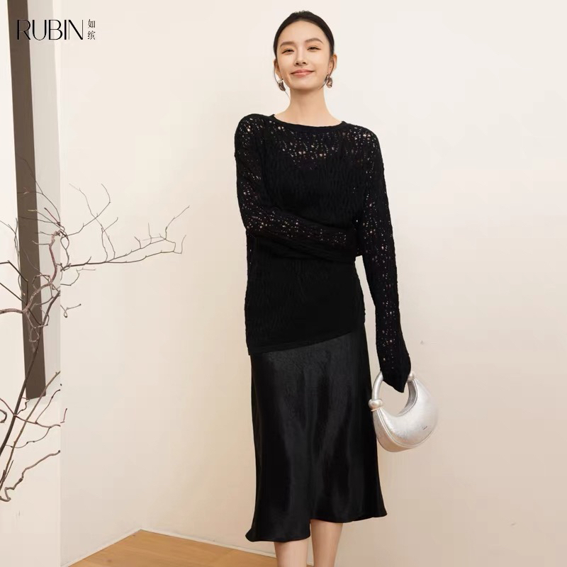 Rb Spring Women's Clothing Black Suspender Slim-Fit Dress 6A12L64247 Black Satin Suspender Dress