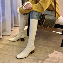 2020 Autumn and Winter new small man high heel but knee boots female knights boots side zipper thick heel elastic White