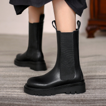 Thick-soled pipe boots ~ 2020 new fried street cowhide womens boots midway boots foreign horse boots