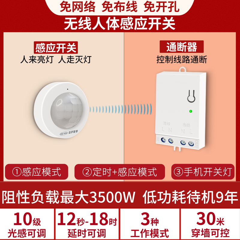 Infrared Wireless Human Body Sensor Switch 220V, Lights Turn Off When People Leave, Intelligent Dual-Control, No Wiring Required, Light Strip with Human Presence Sensor