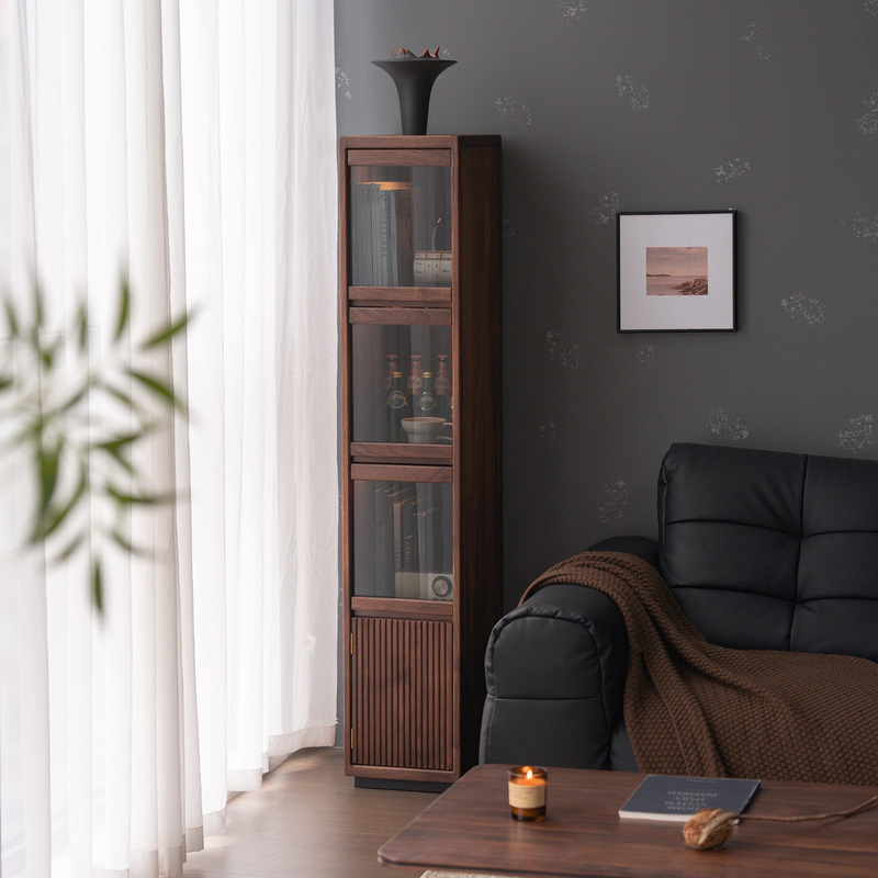 Solid Wood Bookcase, Home Corner Storage Cabinet, Antique Style Black Walnut Gap Storage Cabinet, Floor-Standing Wall Storage Narrow Cabinet