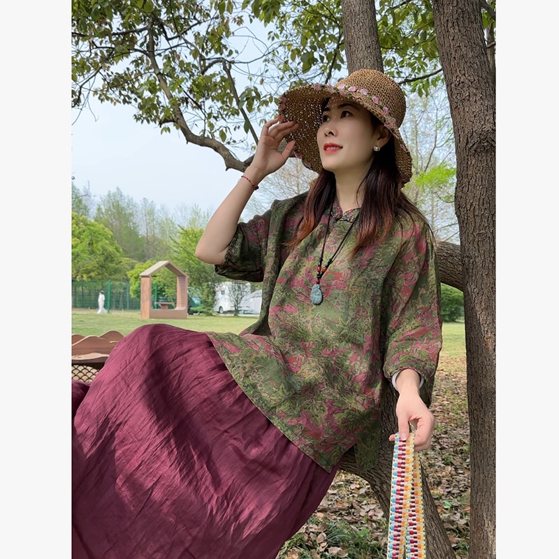 Hua Xiyu【Hua Si】New Chinese-Style Ramie Button-Down Shirt for Women, Vintage Floral Loose Top