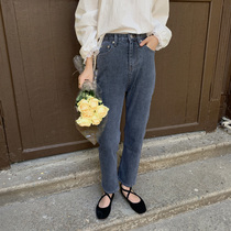The smallest Hai Korean version of high waist solid color nine-point pants Retro casual wild loose straight jeans trousers women
