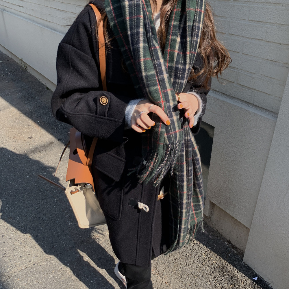 The smallest sea Korean version winter all-match warm color matching plaid long version tassel fringe scarf female shawl dual-use