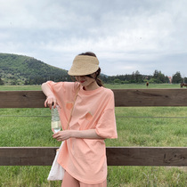 The smallest sea Korean peach embroidery short sleeve T-shirt female summer new casual orange powder solid color loose slim top